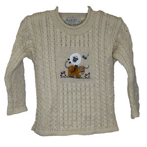 Blarney Woollen Mills Wool Cable Knit Sweater Ivory Kids 5T 5-6 Yrs Embroidery